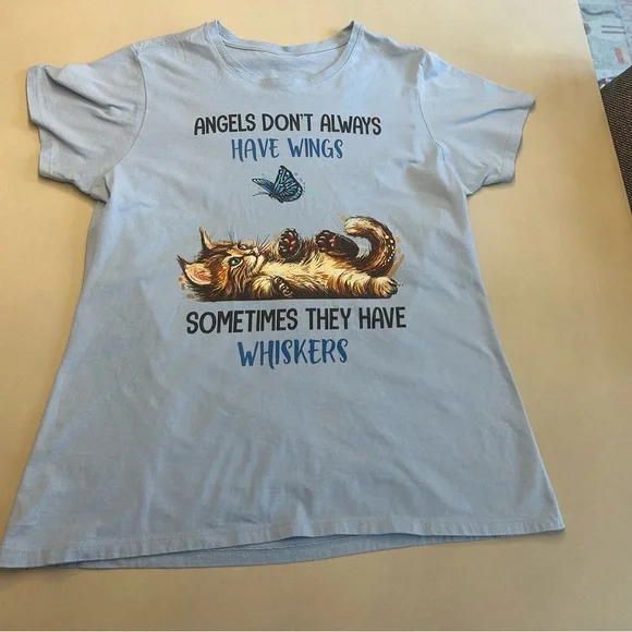 Blue Graphic T-Shirt with Cat and Butterfly. Size L - Picture 5 of 6